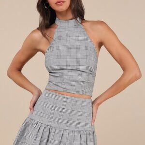 Lulus Trendy Momentum Black And White Plaid Backless Halter Top - Size L